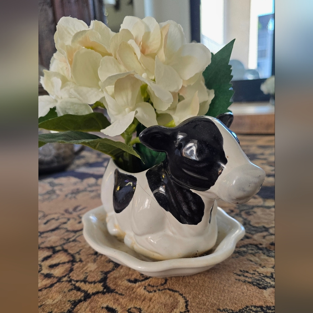 VINTAGE CDP Natural White Clay Black White Glazed Ceramic Cow Planter